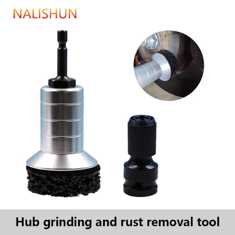 A set of tools for hub grinding and rust removal, including a metal tool and a black abrasive pad.