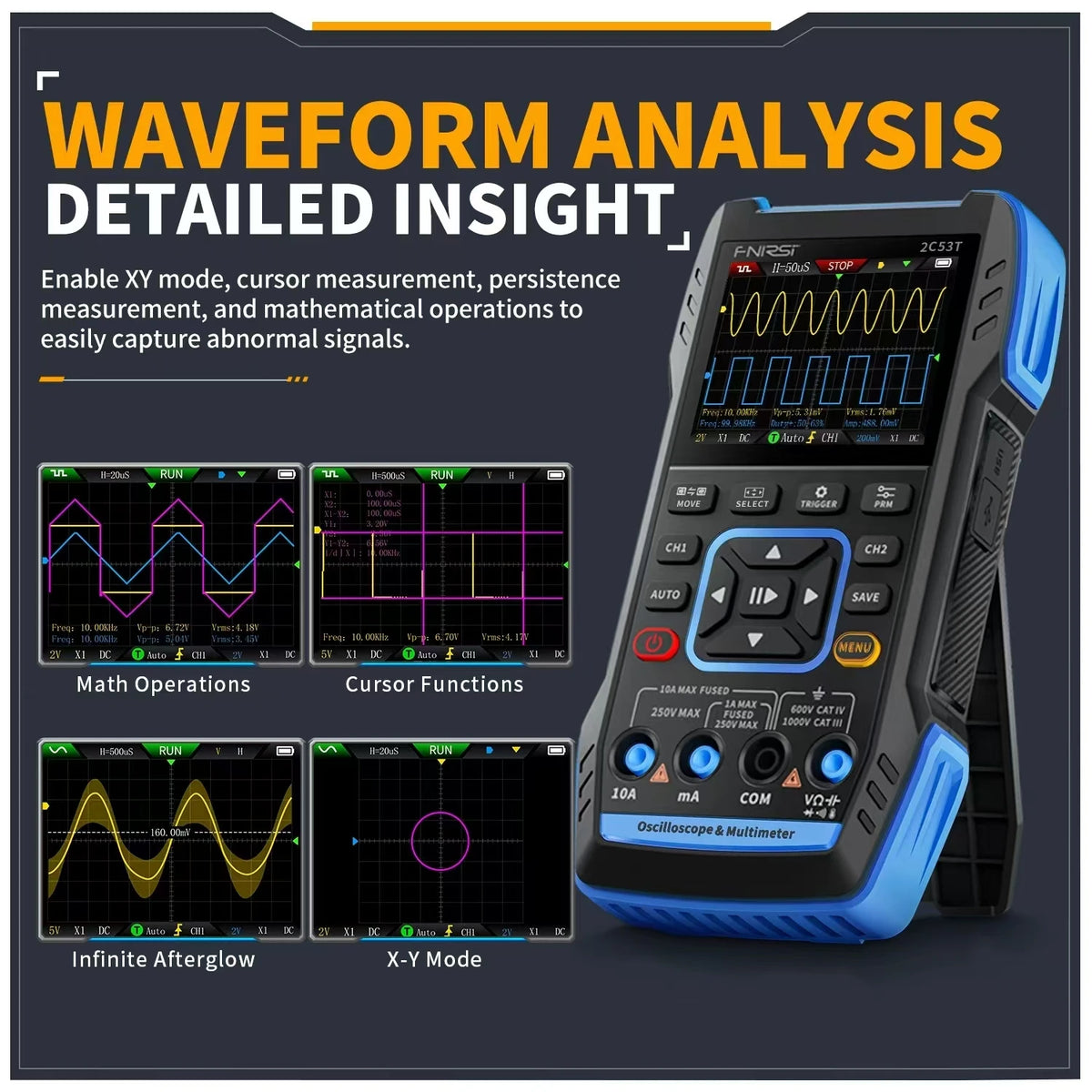 A black digital oscilloscope and multimeter device is shown with various waveform analysis features displayed on a screen.