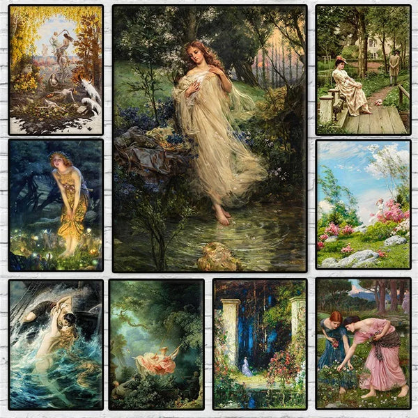 A collage of nine oil paintings depicting ethereal portraits and nature scenes in soft, luminous tones.