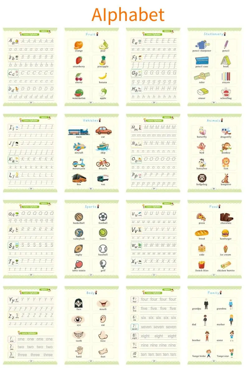 A collection of alphabet and number handwriting practice sheets for children.