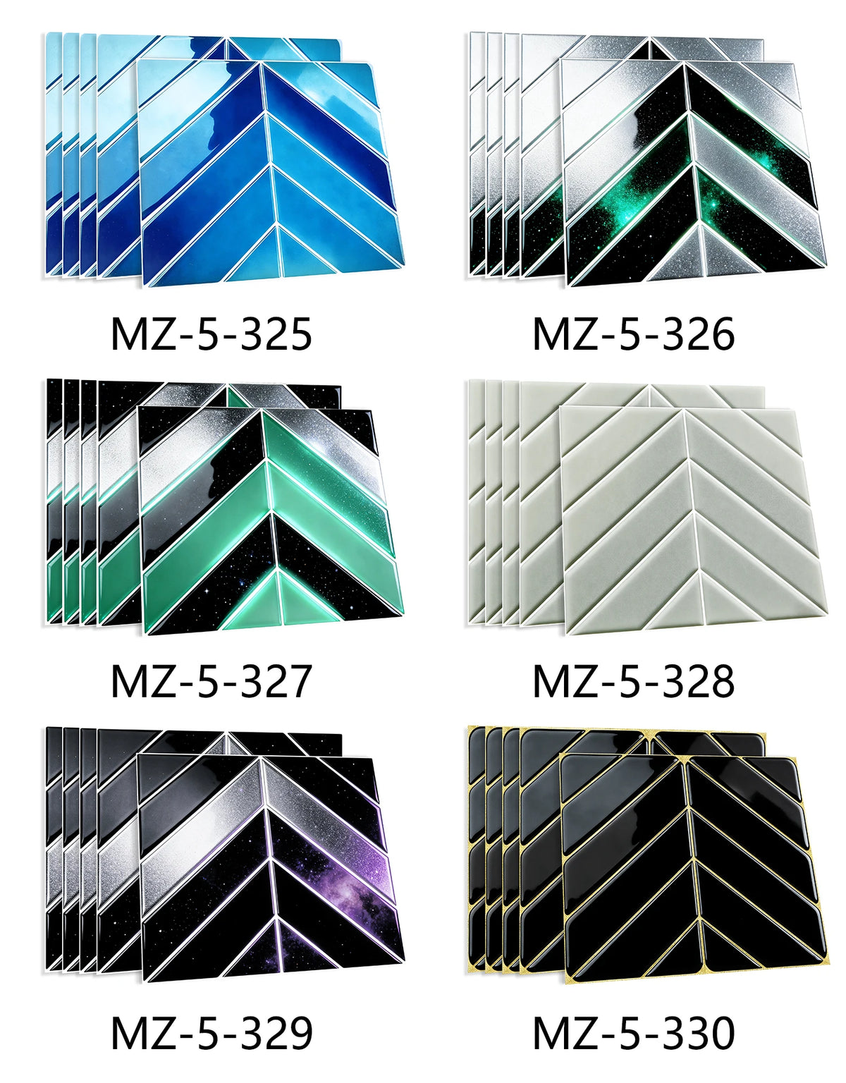 A collection of black and white marble peel-and-stick wall tiles featuring a herringbone pattern.