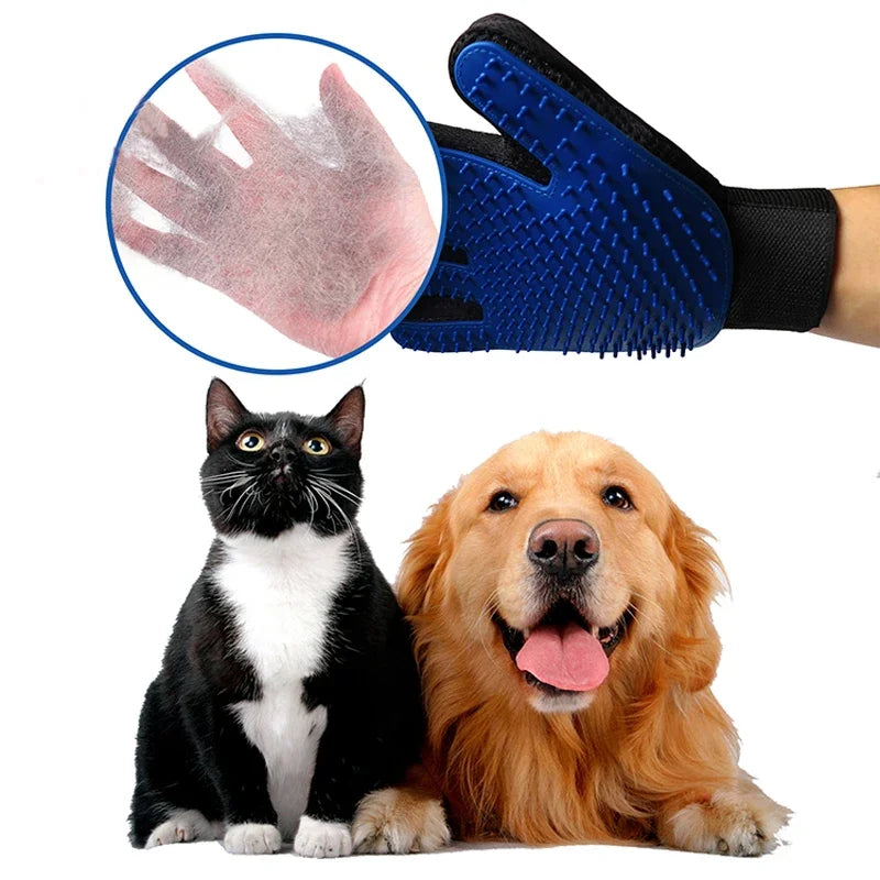 A pair of blue silicone pet grooming gloves is shown next to a black cat and a golden retriever dog.