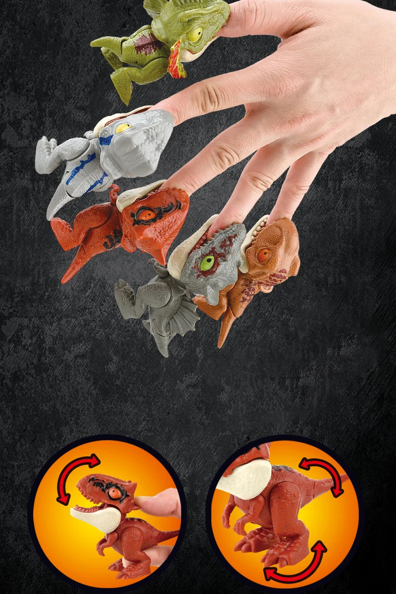 A hand is holding several mini finger dinosaur toys, including a green and gray dinosaur, an orange dinosaur, and a brown din