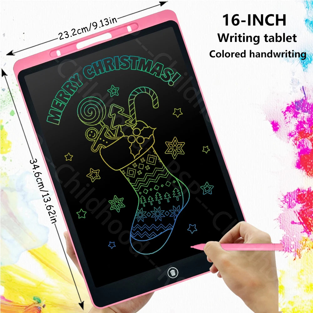 A hand holds a pink LCD writing tablet displaying colorful handwriting of a Christmas stocking.