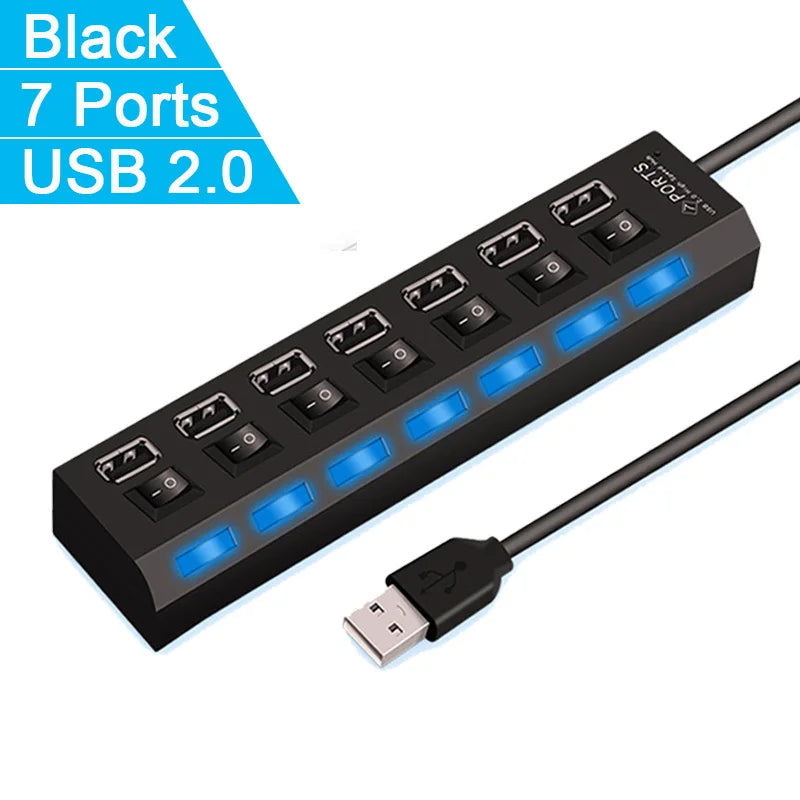 A black USB 2.0 multi-port hub with seven ports and blue LED indicators is shown connected by a cable.
