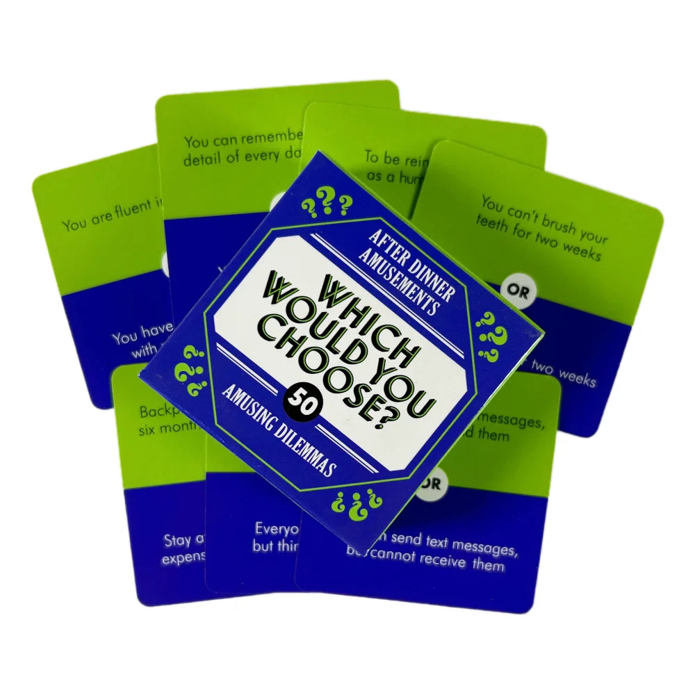 A stack of green and blue cards for a truth or dare game titled Which Would You Choose?