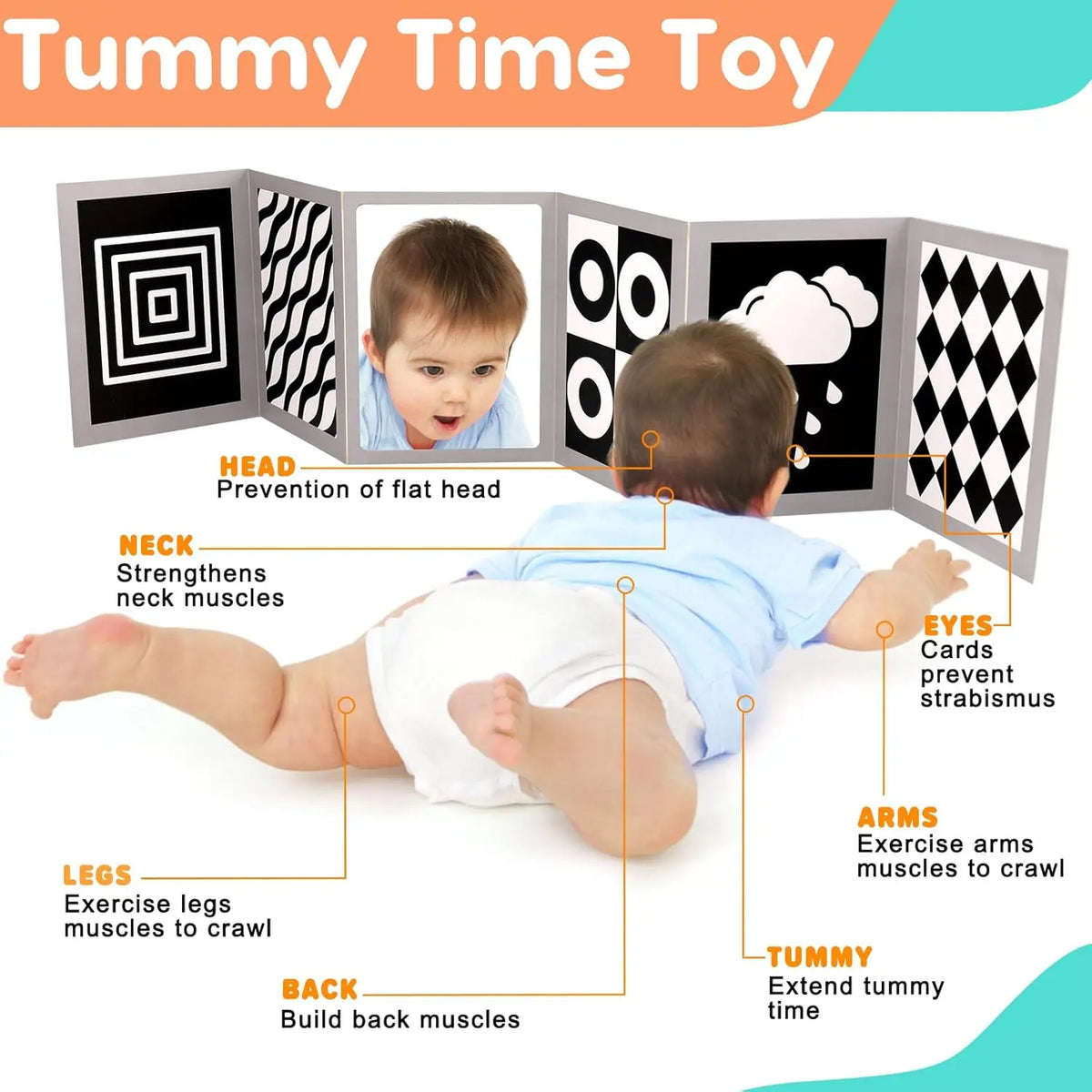 A baby is using a high contrast flash card set to exercise various muscles during tummy time