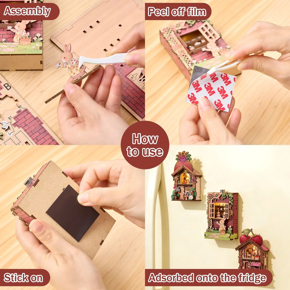 Instructions show how to assemble and use a DIY book nook fridge magnet kit with LED lighting