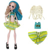 A fashion doll outfit featuring a yellow striped dress, blue fabric, and a cream crochet accessory.