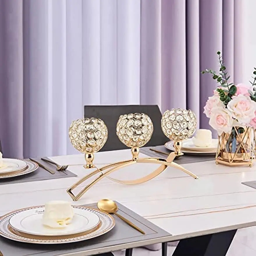 Gold 3-Arm Candelabra with Crystal Bowls for Elegant Table Decor