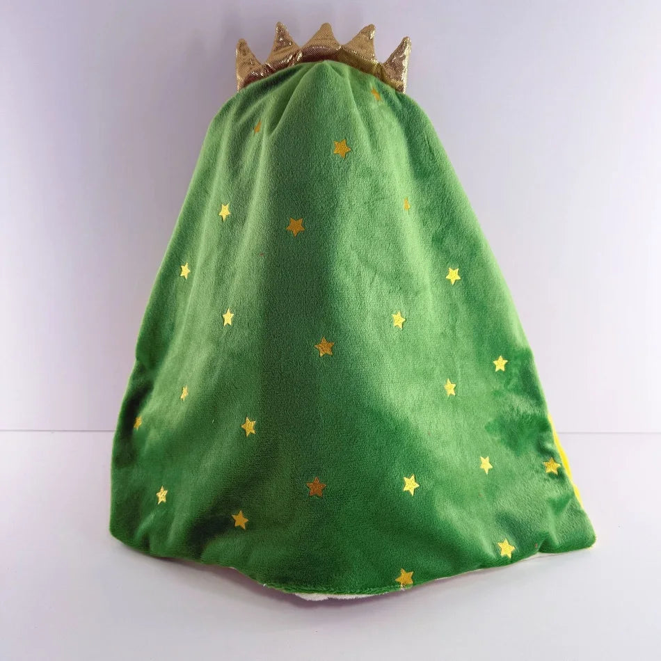 A green plush toy shaped like a Christmas tree with a gold crown and scattered gold stars.