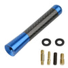 A carbon fiber short radio antenna with blue plastic ends and four small metal screws.
