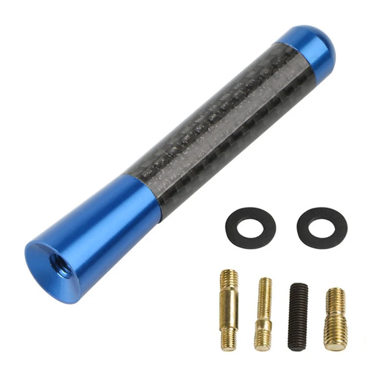 A carbon fiber short radio antenna with blue plastic ends and four small metal screws.