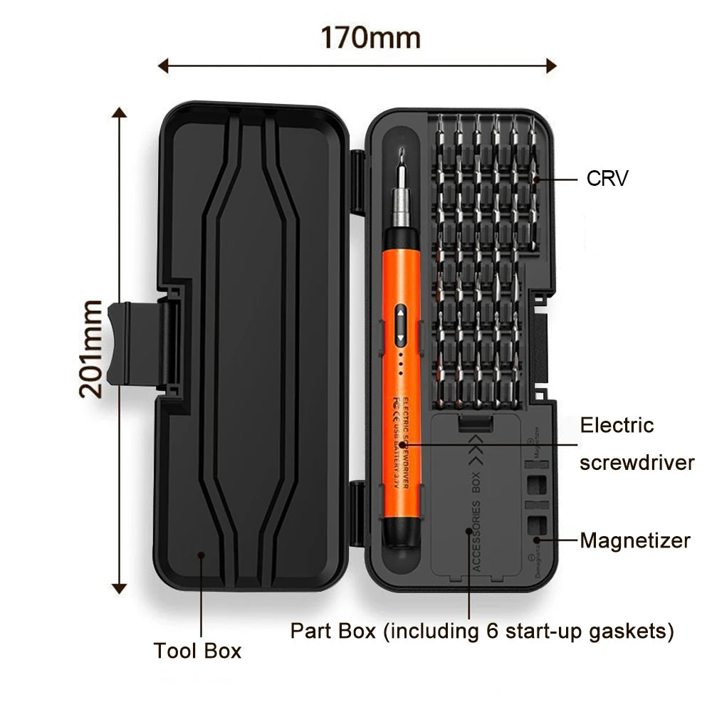 A black precision rechargeable electric screwdriver set with a tool box and magnetizer component.