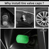 Before and after comparison showing a glow-in-the-dark tire valve cap installation.