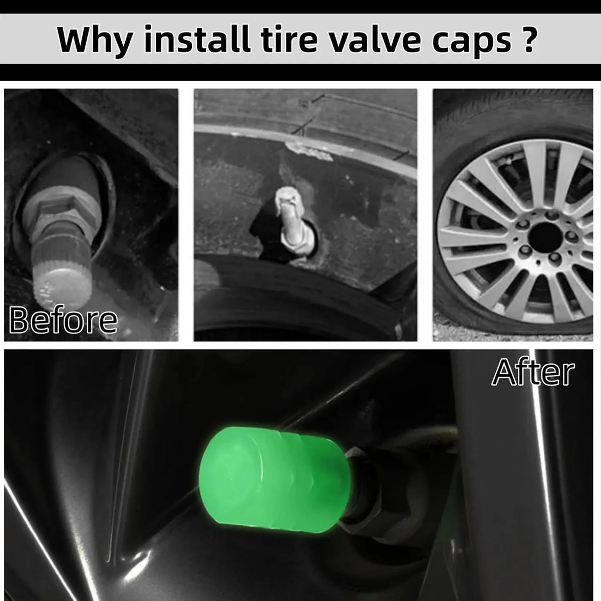 Before and after comparison showing a glow-in-the-dark tire valve cap installation.