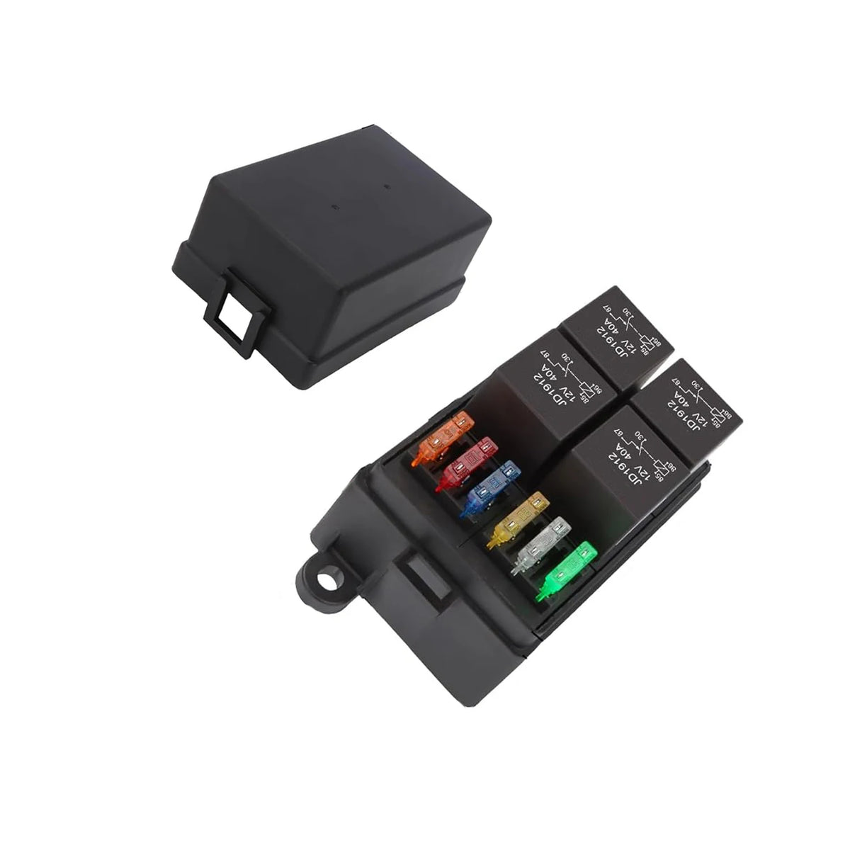Black waterproof relay and fuse box with an ATC/ATO blade holder.