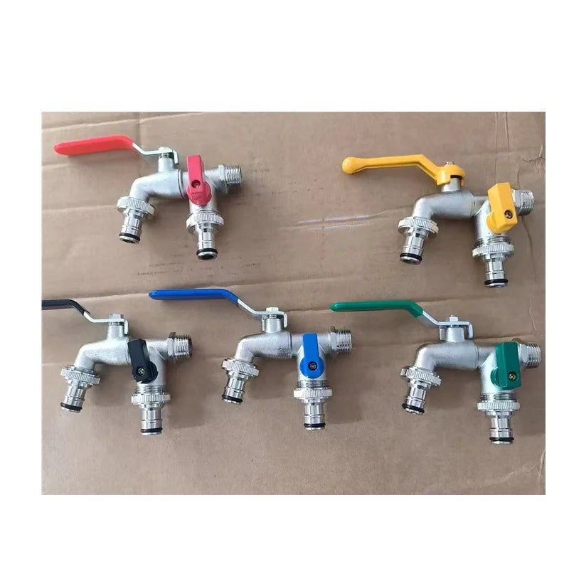 A collection of brass garden water faucets with lever handles in various colors including red, yellow, blue, and green.