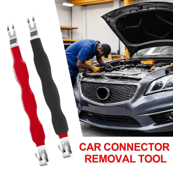 A red and black car connector removal tool is shown next to an open car hood.