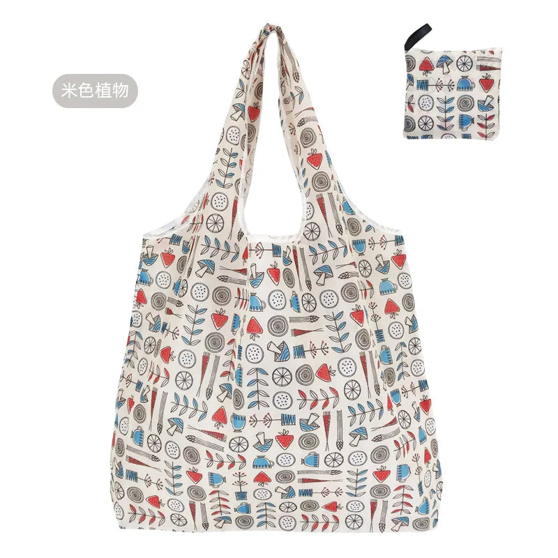 A beige reusable shopping tote bag featuring a pattern of various icons and drawings on a white background.