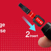 A hand is shown inserting a red and black screwdriver bit into a tool, illustrating a quick change release process.