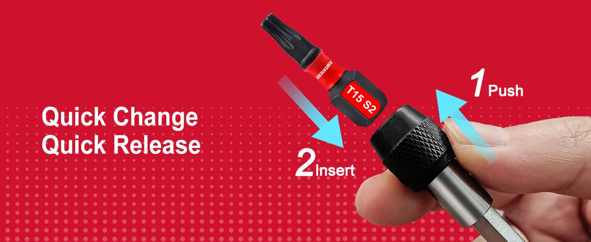 A hand is shown inserting a red and black screwdriver bit into a tool, illustrating a quick change release process.