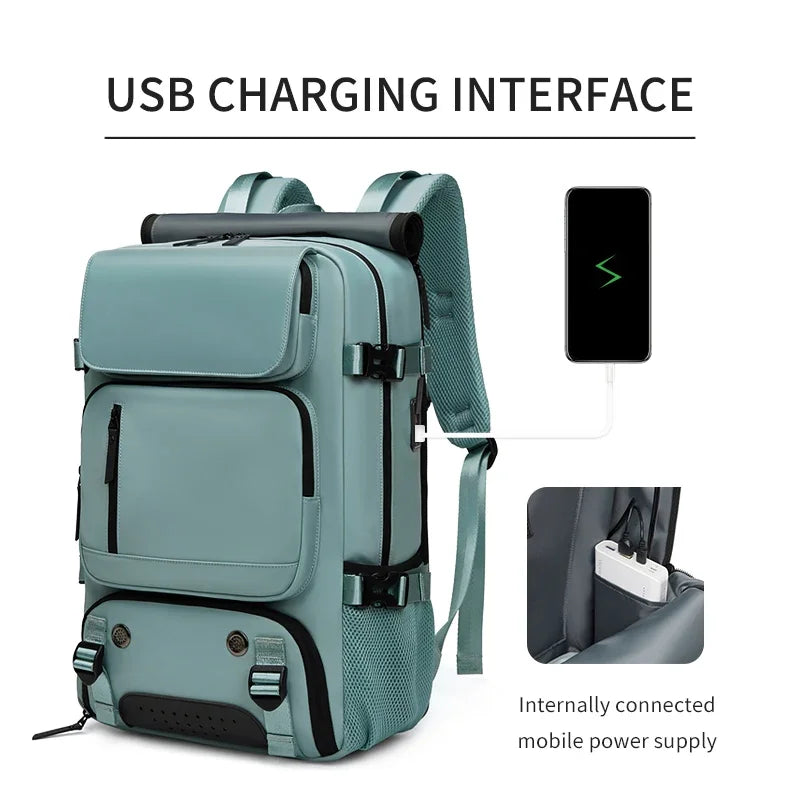 A teal laptop backpack featuring a USB charging interface and an internal mobile power supply.