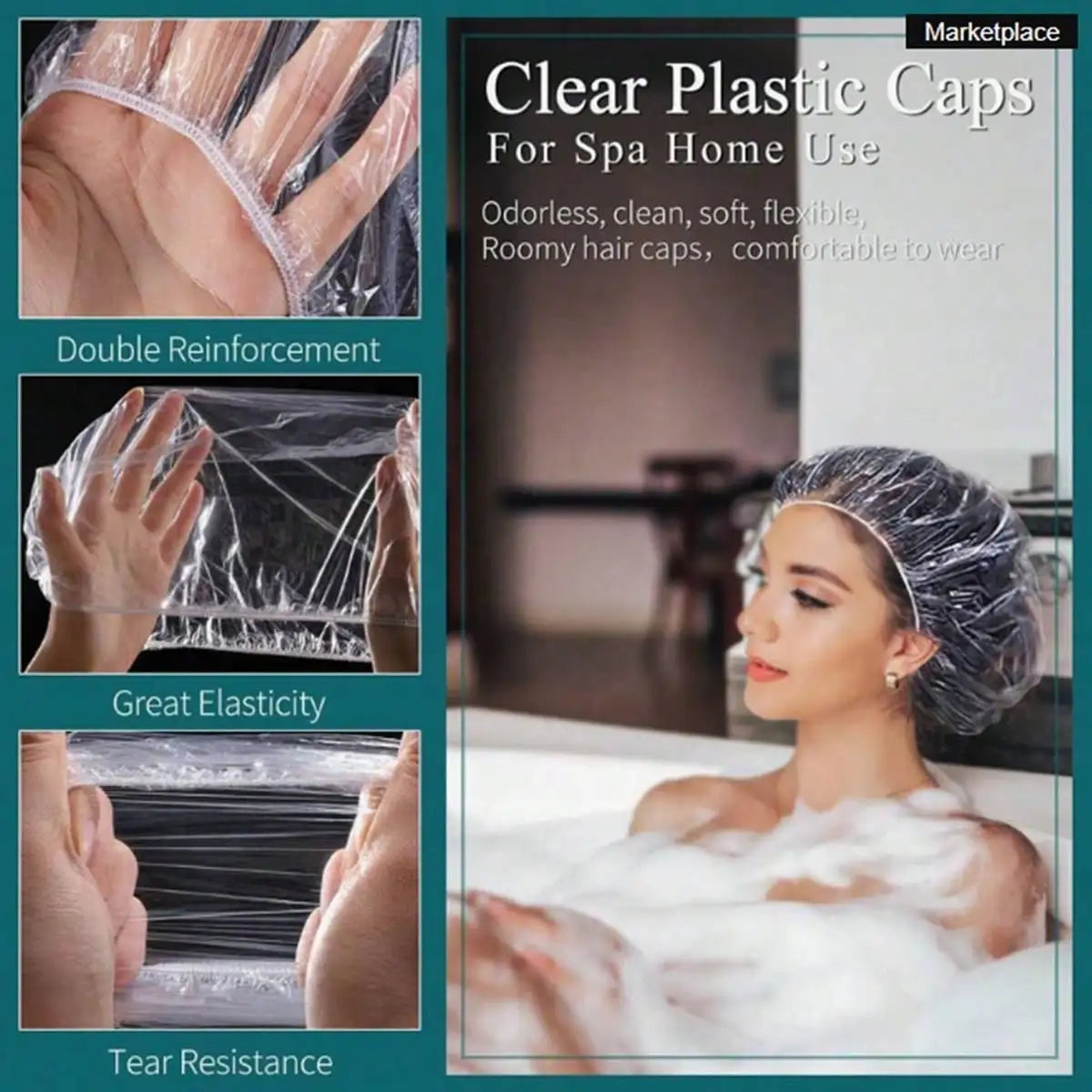 Clear plastic hair caps for spa home use shown on a model and demonstrating features like reinforcement and elasticity