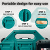 A teal battery storage case with a carry handle showing three steps for easy use: snap-on design, fit for battery, and arc de