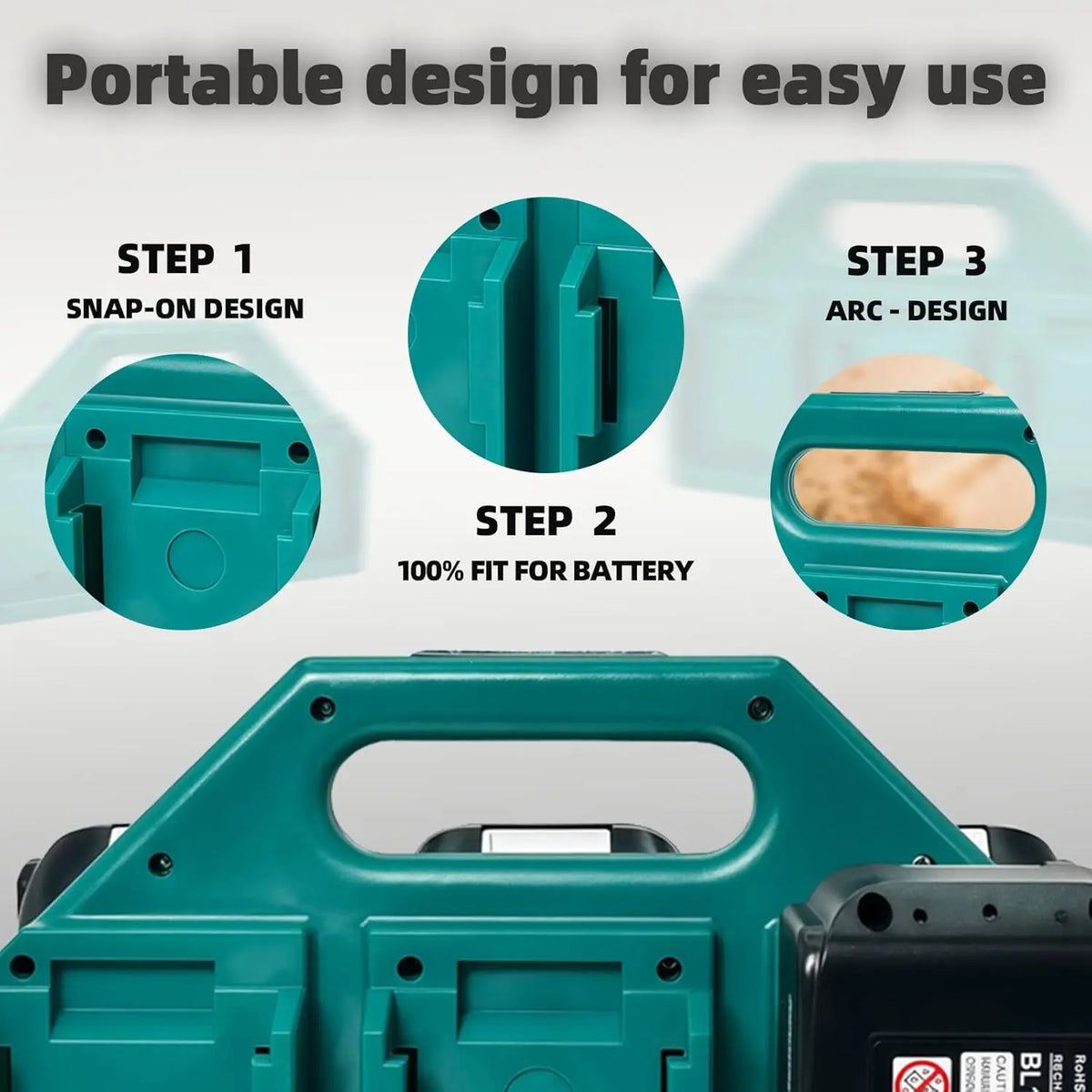 A teal battery storage case with a carry handle showing three steps for easy use: snap-on design, fit for battery, and arc de