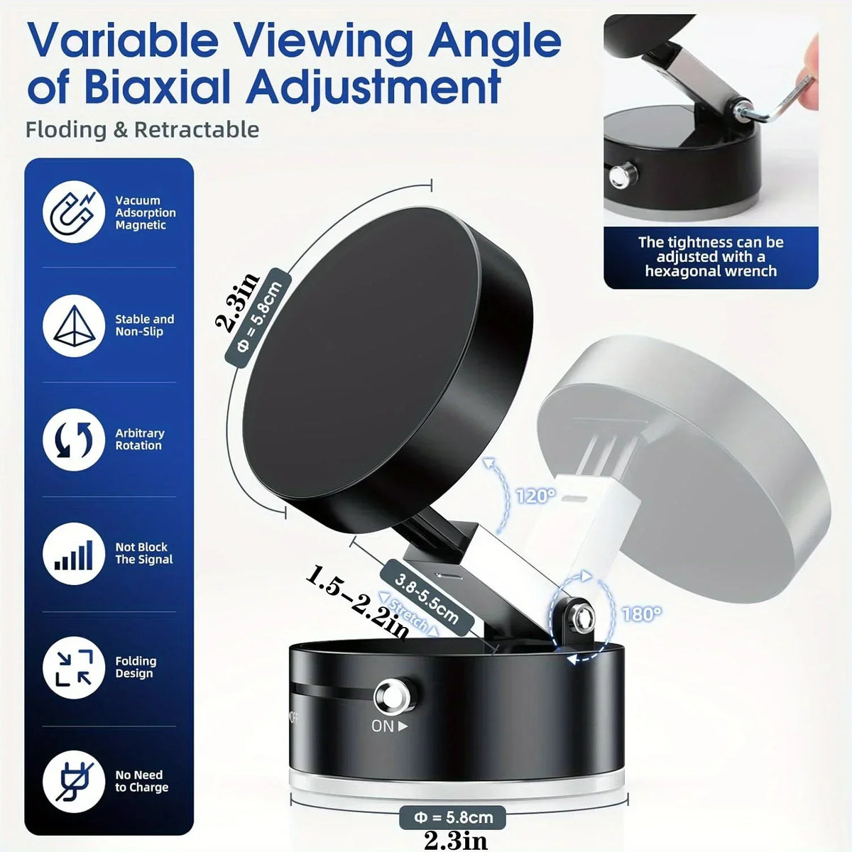 A black magnetic phone mount with a variable viewing angle adjustment and a folding design.