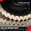A black wool polishing wheel with a natural high grade layered design and a serrated edge for achieving an excellent mirror f