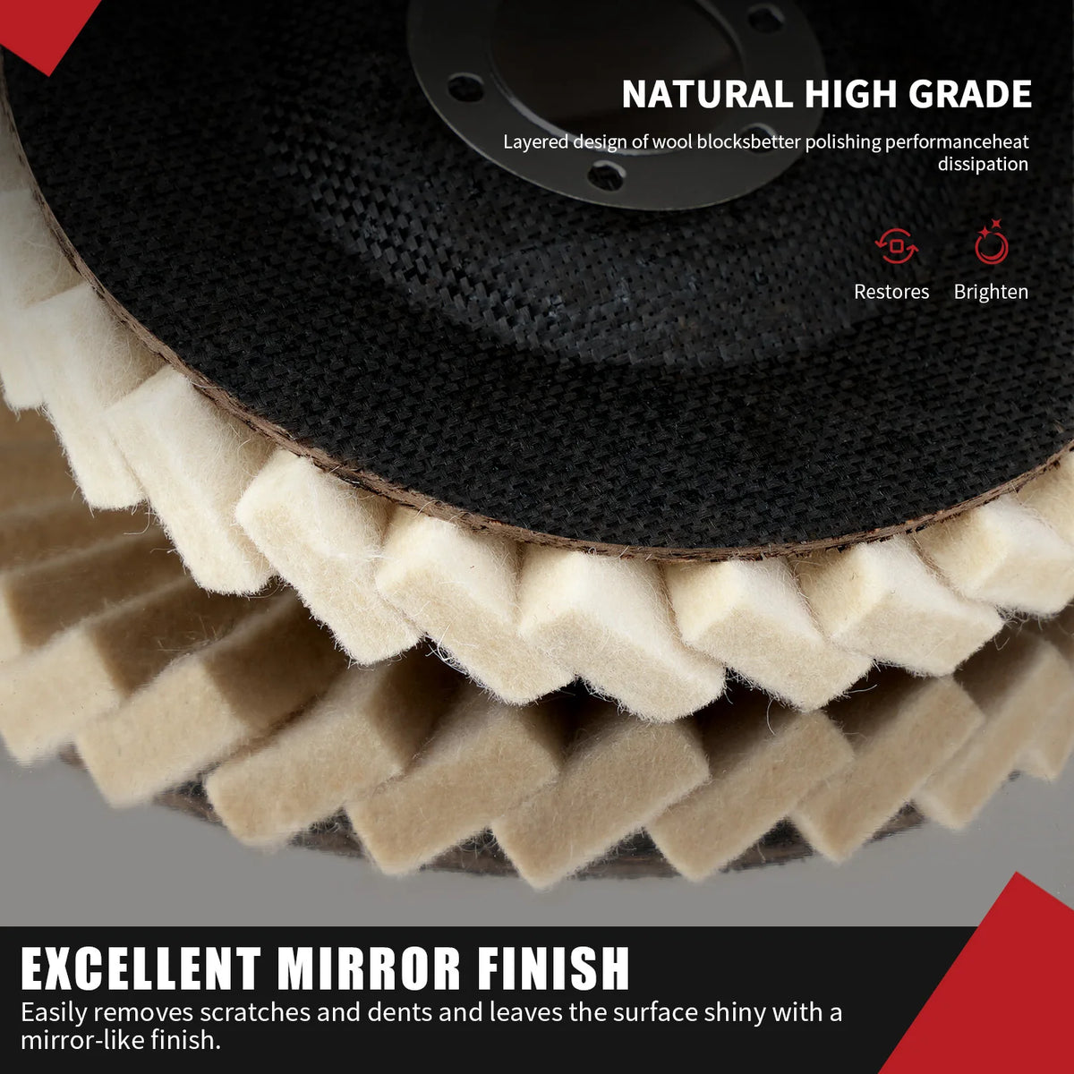 A black wool polishing wheel with a natural high grade layered design and a serrated edge for achieving an excellent mirror f