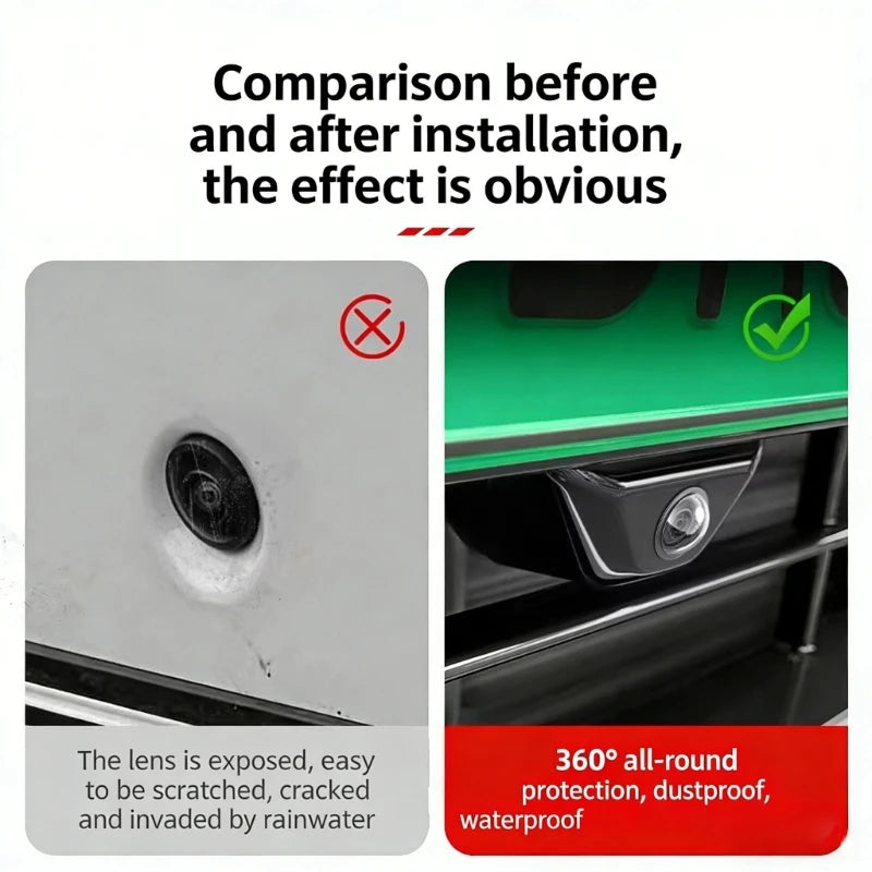 Comparison showing a car camera lens before and after installation, highlighting its waterproof and dustproof protection.