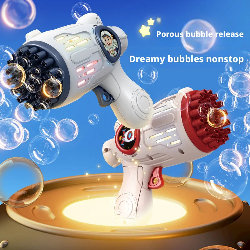 A white astronaut bubble gun is shown firing bubbles onto a surface, demonstrating porous bubble release.
