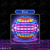 A blue glowing sphere with colorful light rings and a purple textured surface.