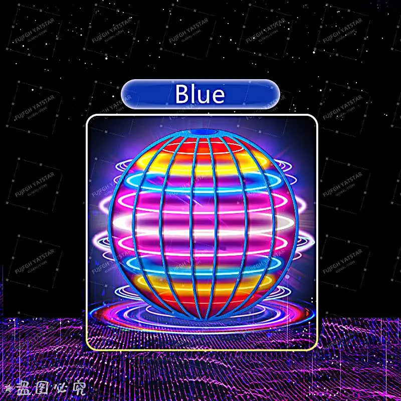 A blue glowing sphere with colorful light rings and a purple textured surface.