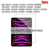 A display showing various tempered glass screen protectors for iPad Pro 12.9 models from 2018 to 2022.