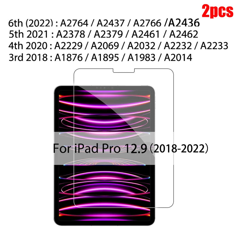 A display showing various tempered glass screen protectors for iPad Pro 12.9 models from 2018 to 2022.