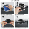Step-by-step guide showing how to install a carbon fiber reflective film protector on a car door handle and cup.