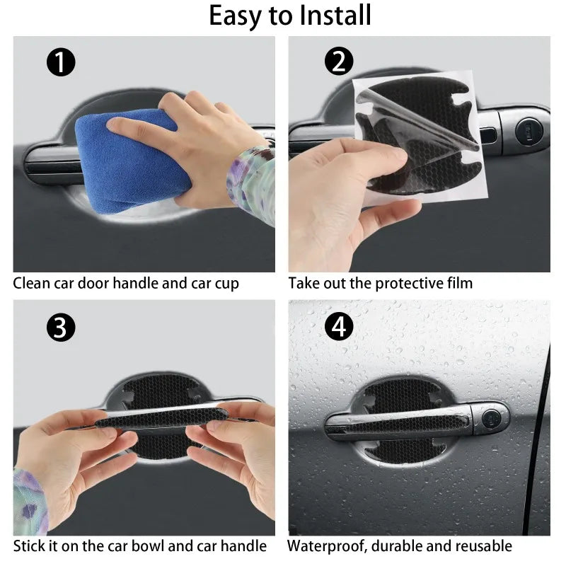 Step-by-step guide showing how to install a carbon fiber reflective film protector on a car door handle and cup.