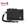 Black RFID protection travel wallet with a carabiner clip attached.