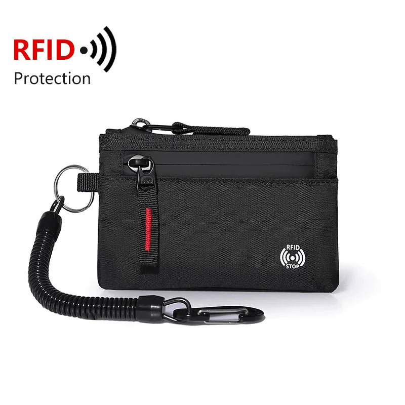 Black RFID protection travel wallet with a carabiner clip attached.