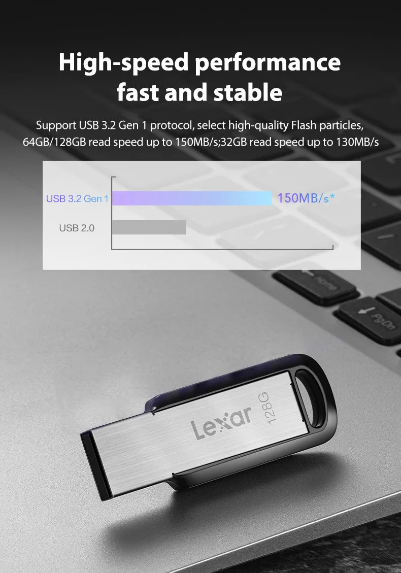 A silver Lexar M400 USB 3.2 flash drive is shown resting on a dark gray laptop surface.