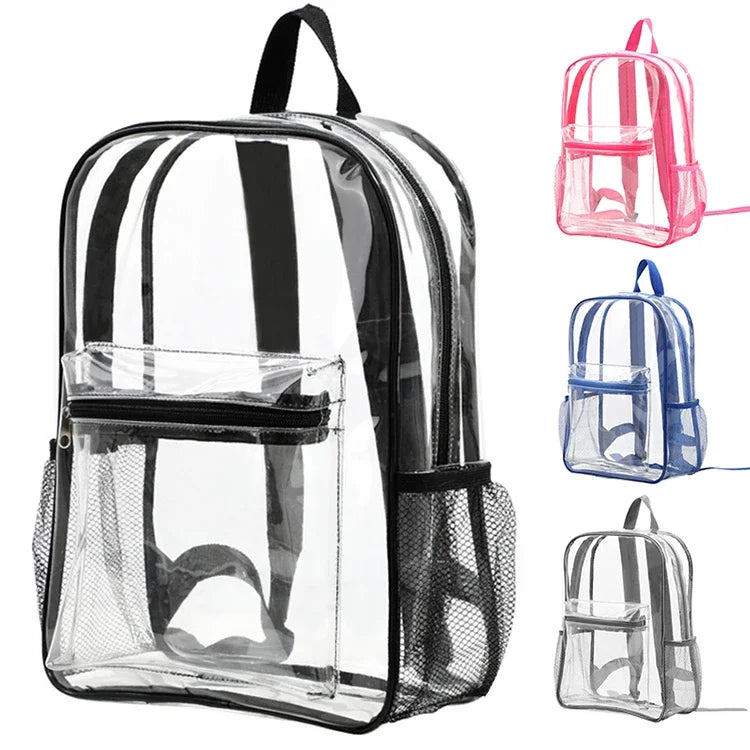 A clear transparent PVC backpack with black mesh accents and cushioned straps.