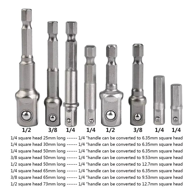 Hex Shank Socket Adapter Set for Power Drills (1/4, 3/8, 1/2 Inch)