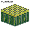 A grid of green and yellow heavy duty disposable AA and AAA dry cell batteries.
