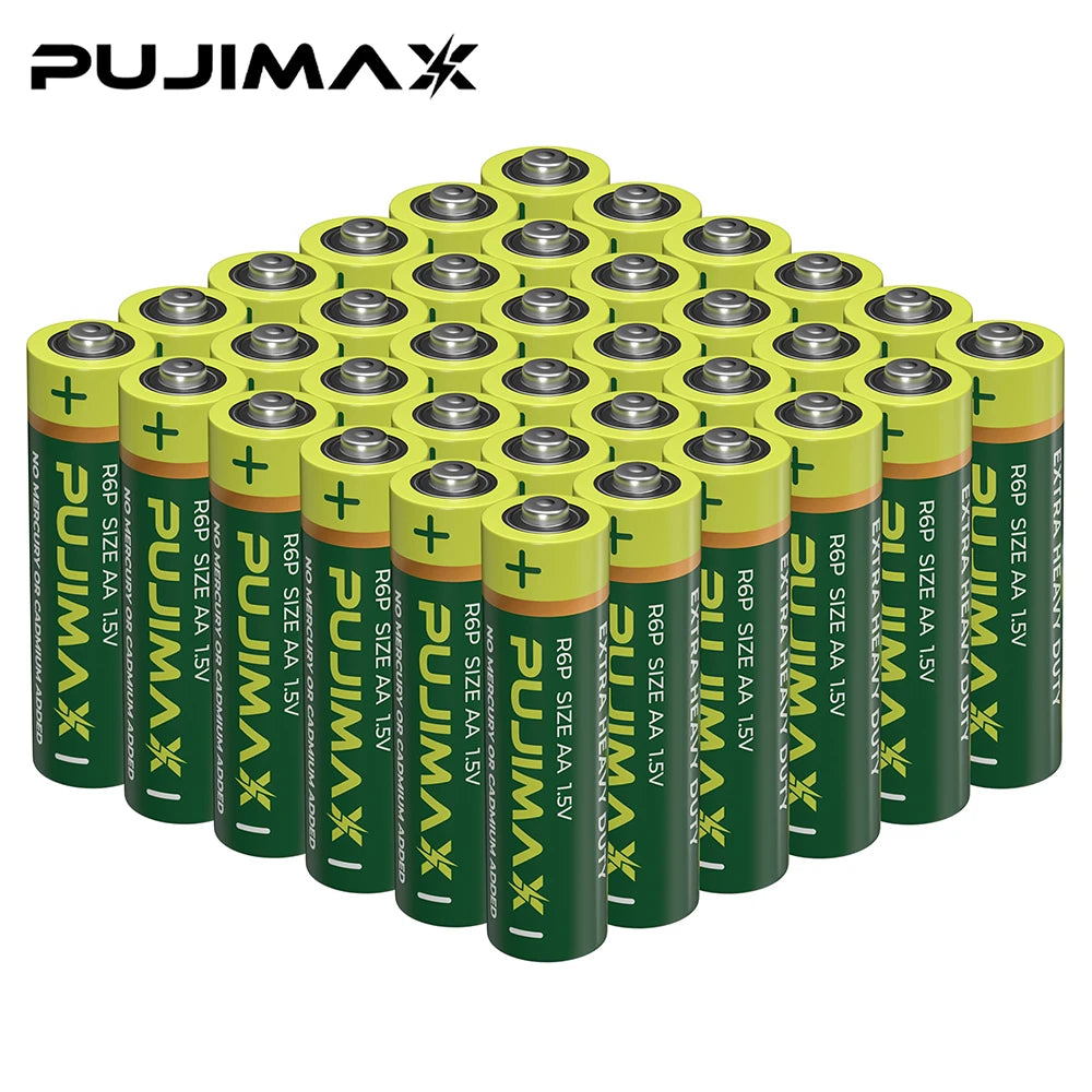 A grid of green and yellow heavy duty disposable AA and AAA dry cell batteries.