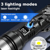 Close-up of a black laser flashlight with a digital display showing 100, demonstrating three lighting modes.