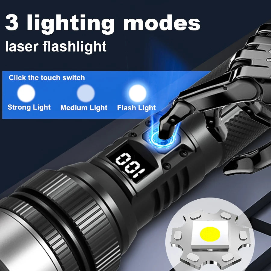 Close-up of a black laser flashlight with a digital display showing 100, demonstrating three lighting modes.